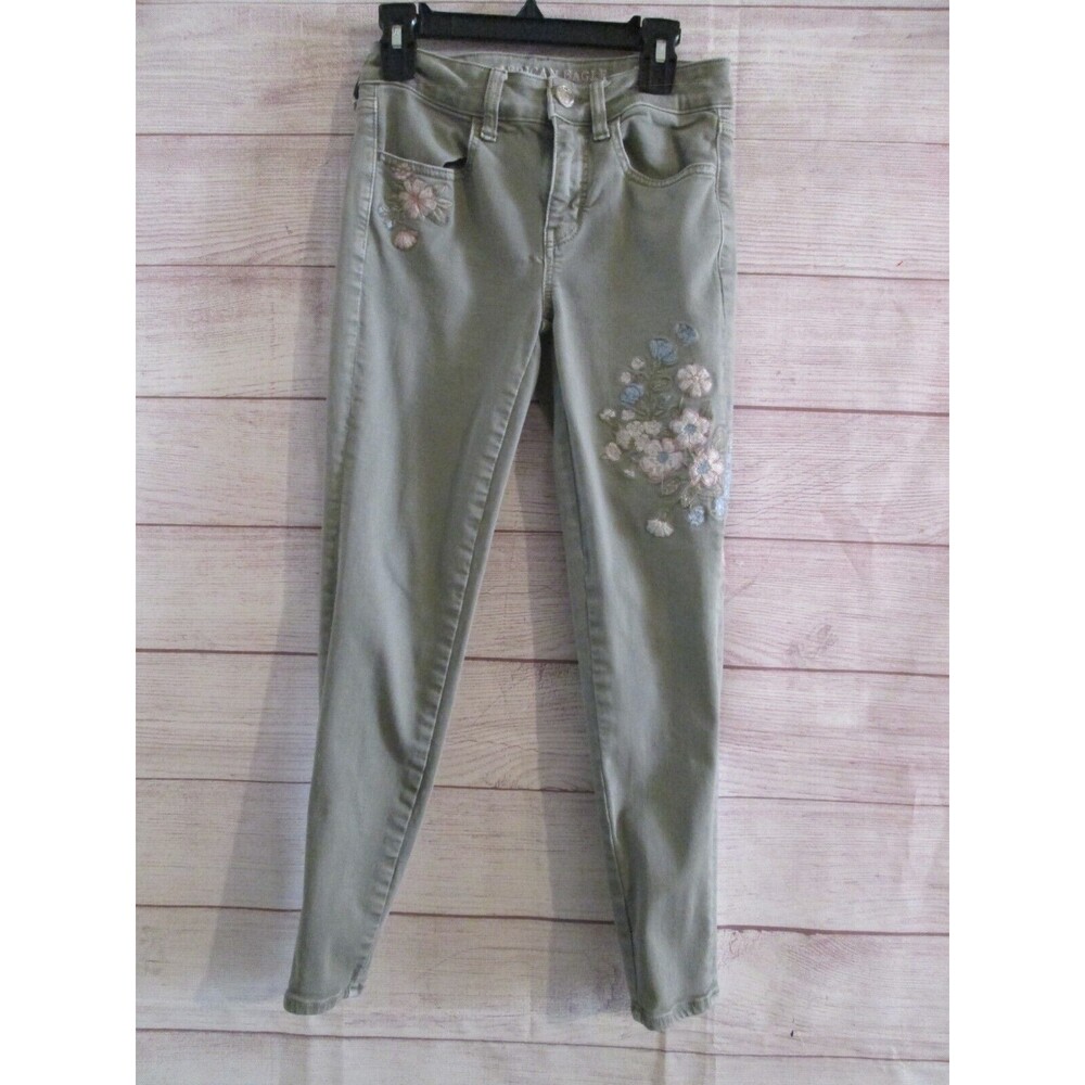 American Eagle Jegging Cropped Pants Size 2 Olive Green Floral Embroidered